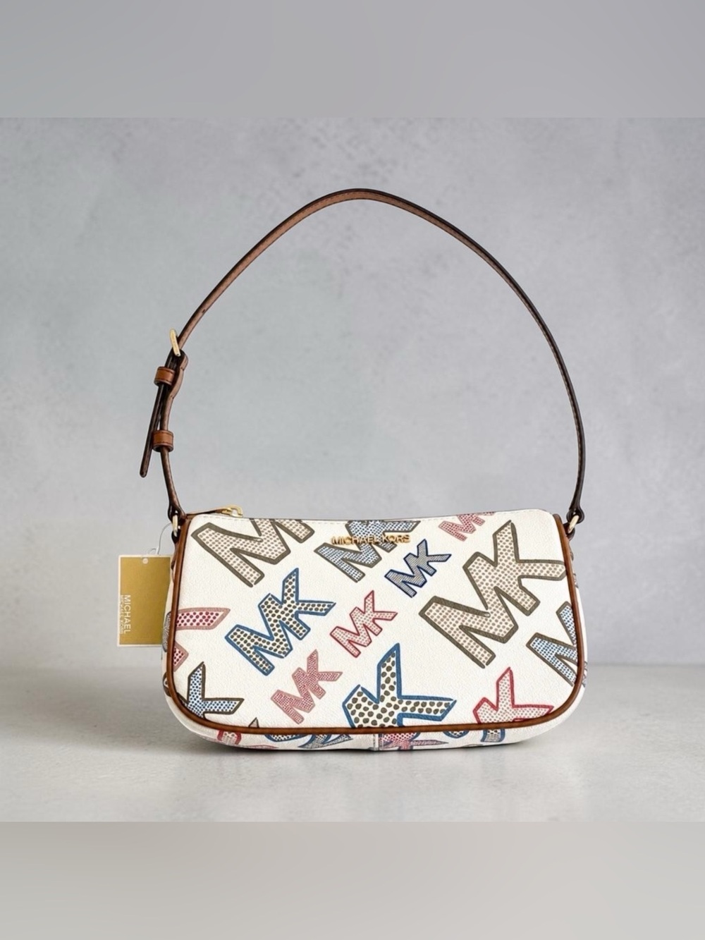Michael Kors White Multicolor MK Logo Shoulder Bag with Brown Trim - Picture 5 of 16